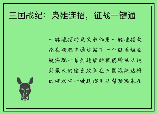 三国战纪:枭雄连招,征战一键通